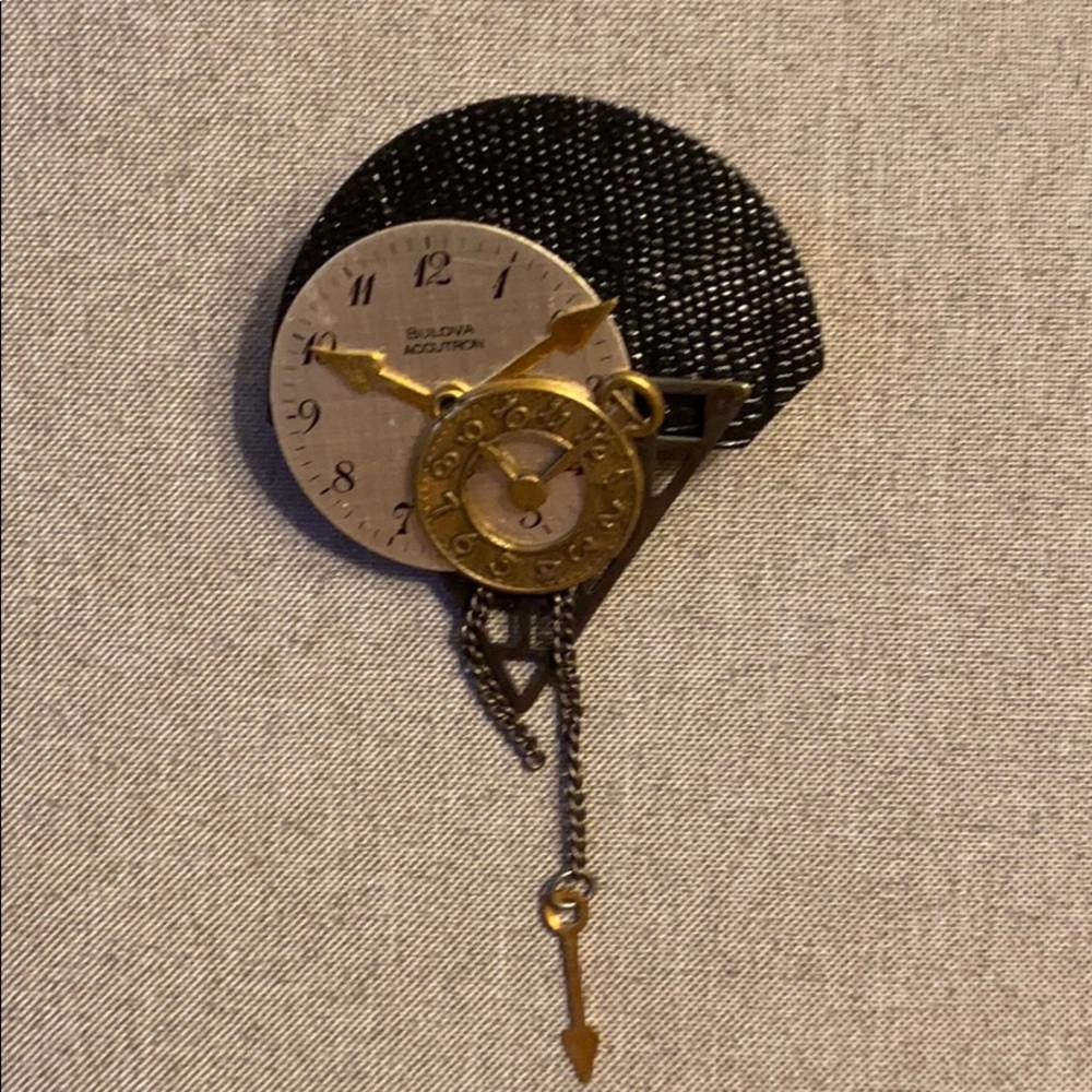 Vintage faux leather clock pin